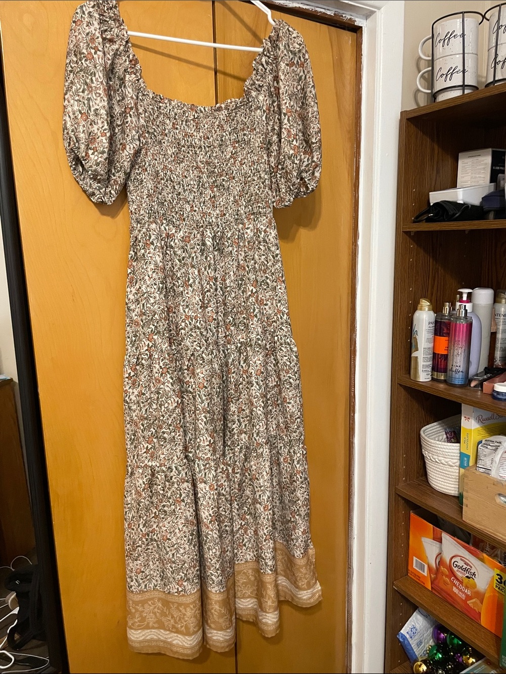 Blue Rain Cream Floral Maxi Dress with Tan Border Trim